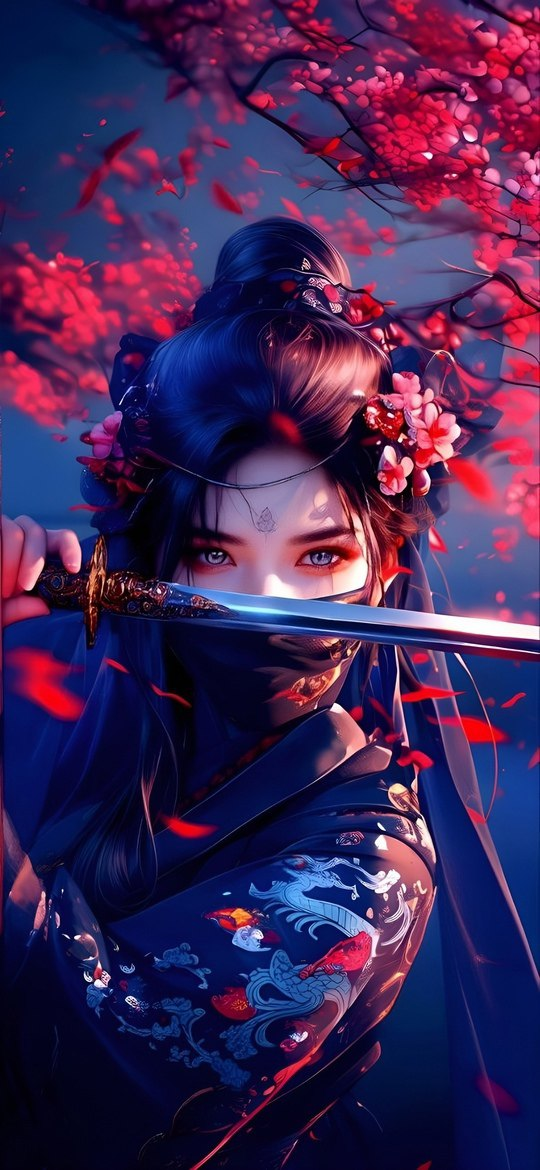 Beautiful girl with sword Red background