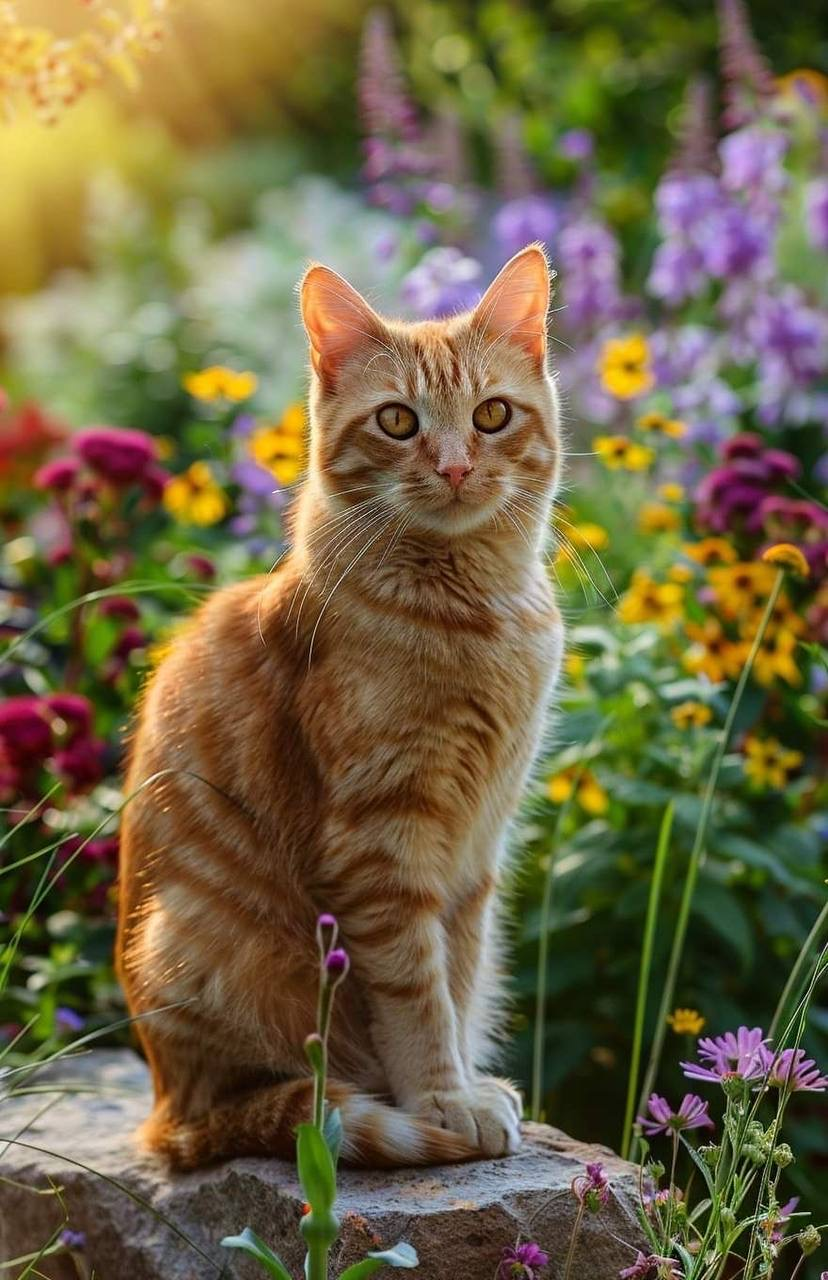 Beautiful scenery with cat seating on rock