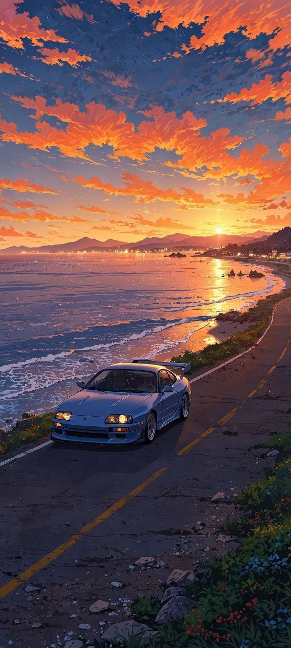 Car Wallpaper for iPhone Sunset view