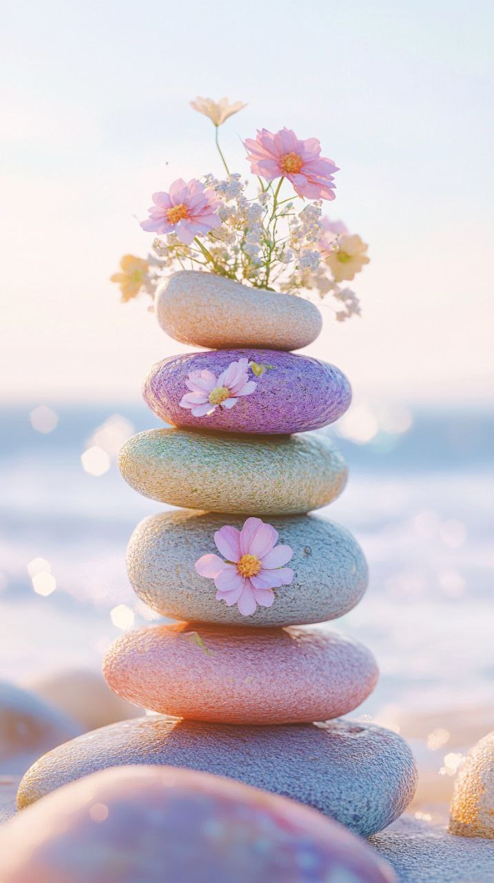 Colourful pebbles wallpaper With flowers Colourful pebbles wallpaper With flowers
