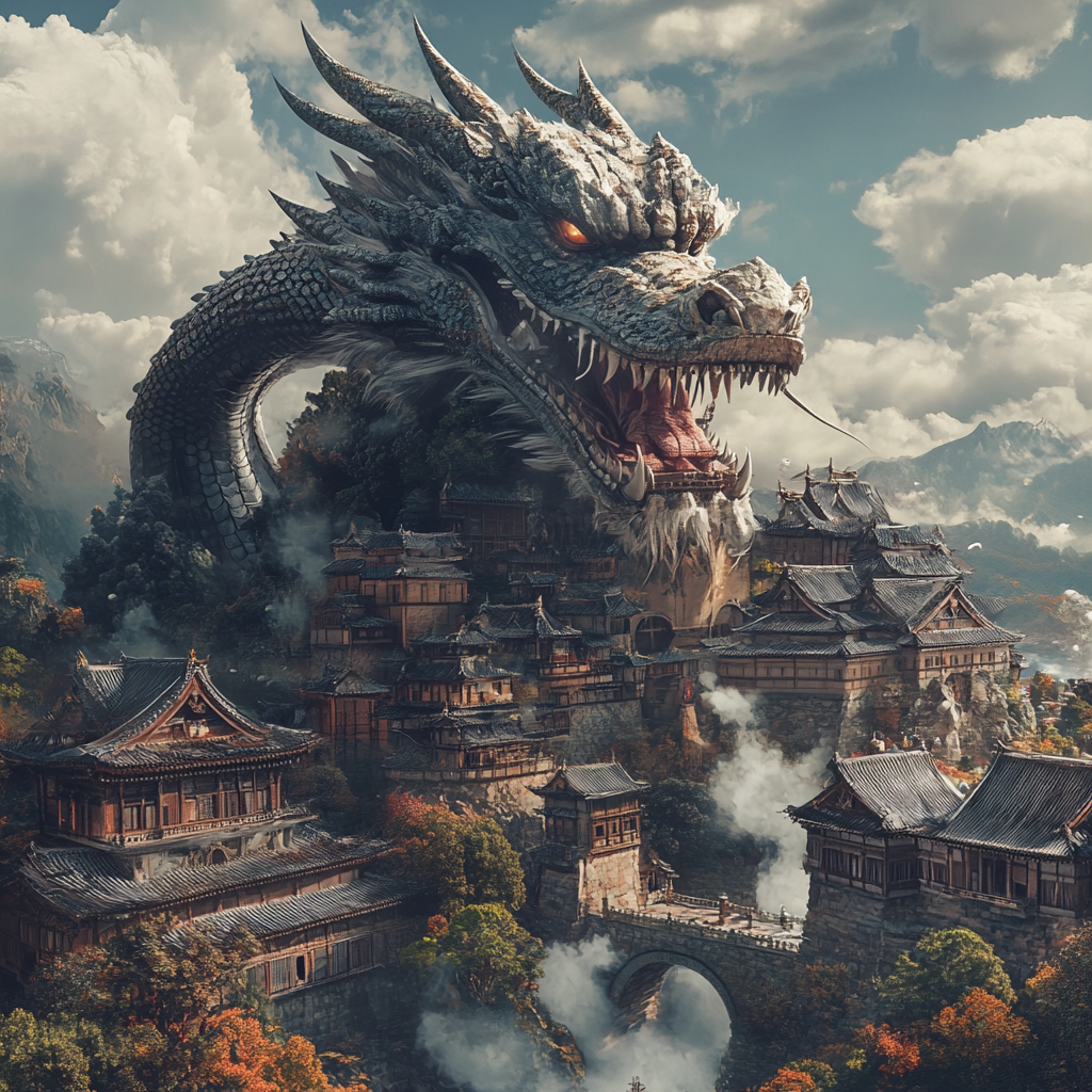 Feudal japan castle towns atop  of a Dragons skull,