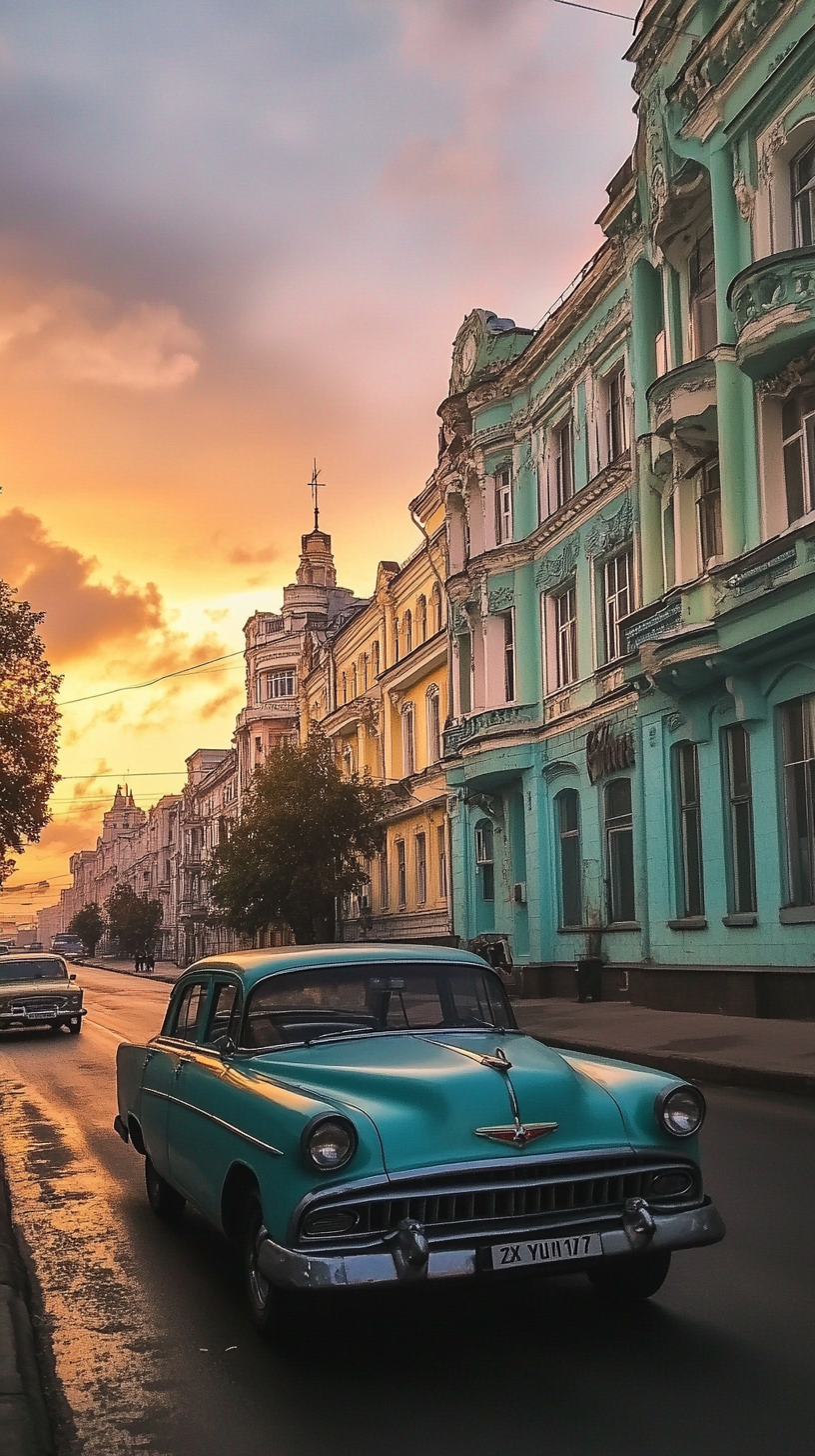 Old Soviet vintage private car in the style of soviet wave Wallpaper