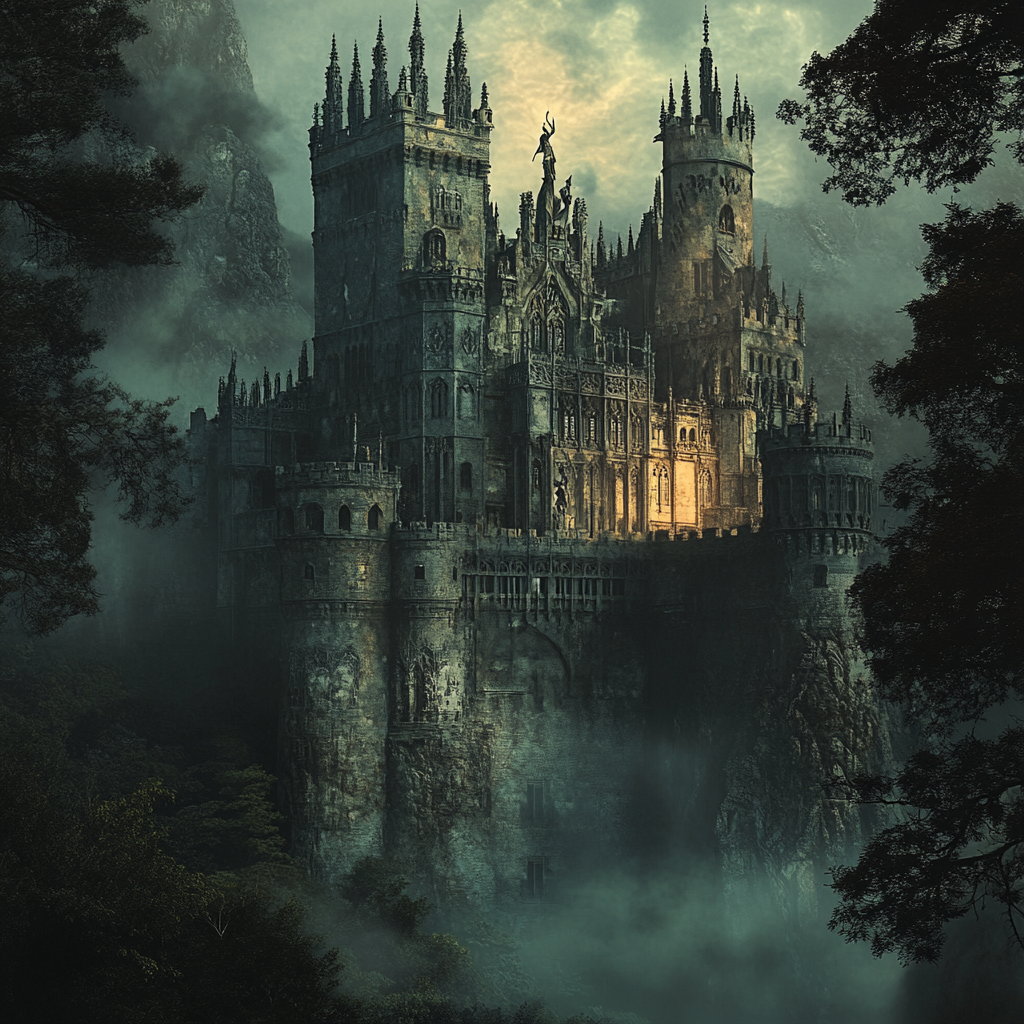 Shadowy woodsy detailed overlook of an gothic castle with wolf motifs HD Wallpaper