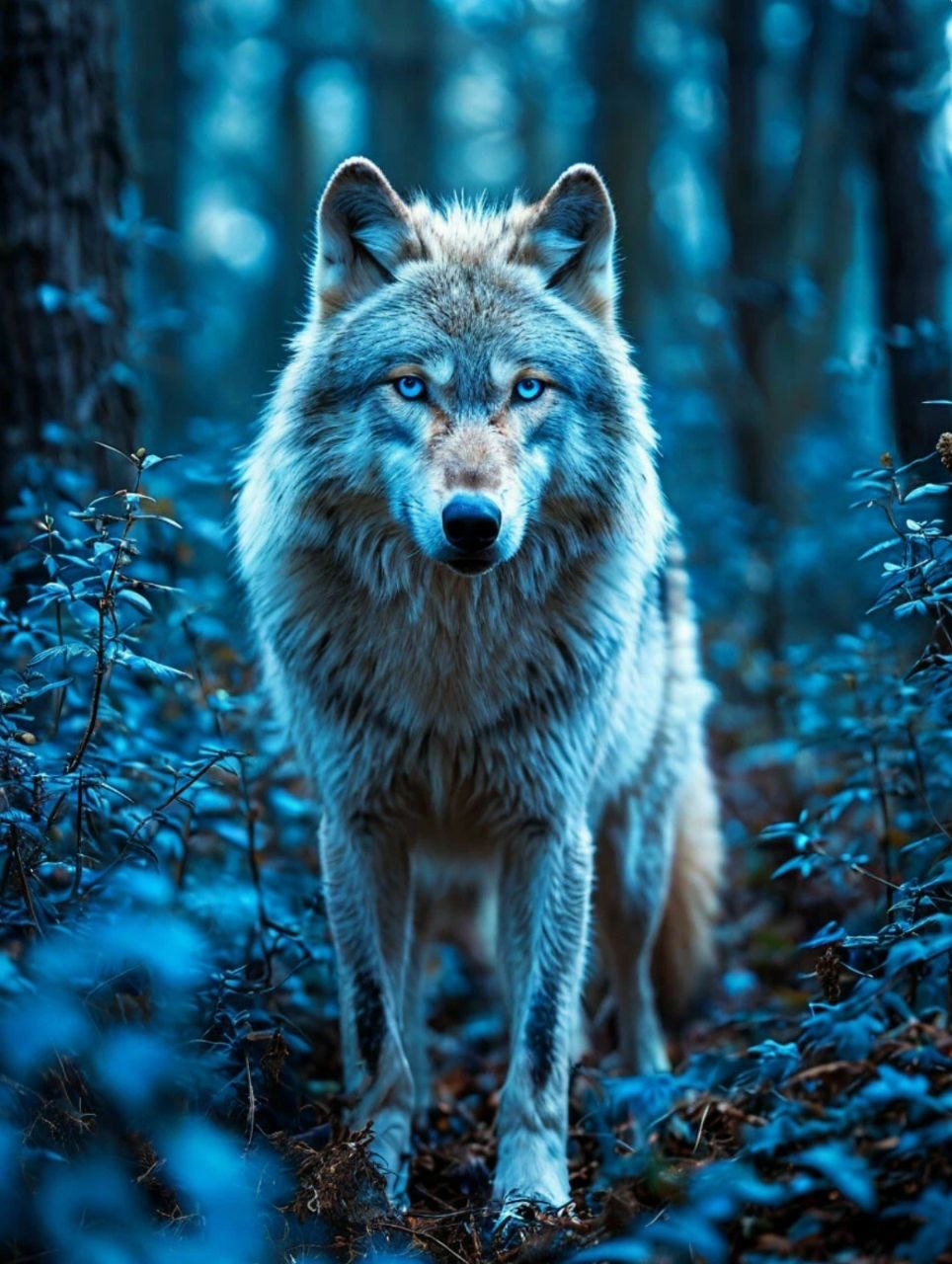 White wolf with blue eyes in forest