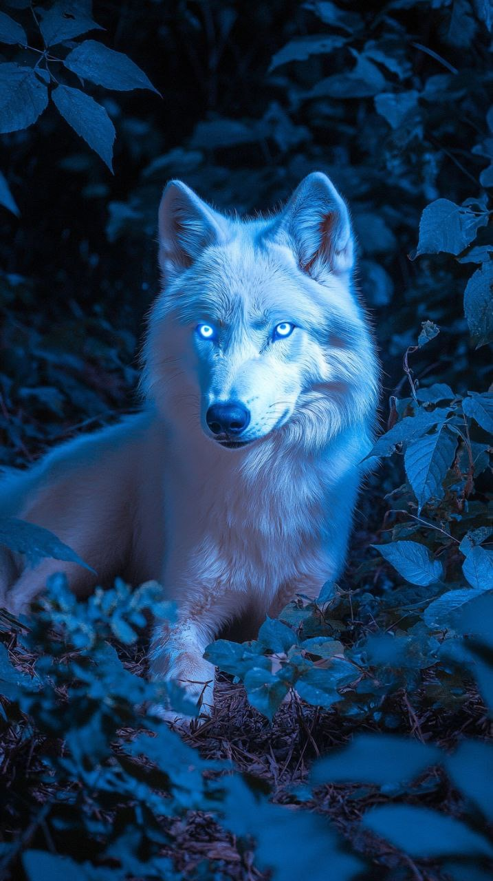 White wolf with blue eyes In grass and leaf